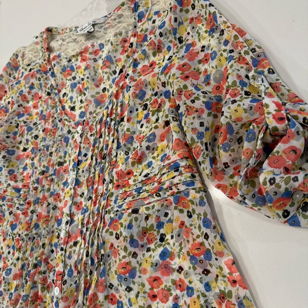 American Rag Cie Cottagecore Floral Tie Back Sheer Peasant Top Womens Small Lace - Picture 3 of 7